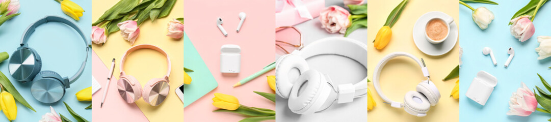 Collage of headphones with cup of coffee, office stationery and flowers on color background
