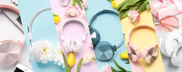 Collage of headphones with fresh flowers on color background