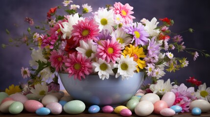  a vase filled with lots of colorful flowers next to a bunch of eggs on a table next to a bunch of flowers.