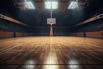 Basketball hoop in a large hall at night. 3d rendering, AI Generated - Powered by Adobe