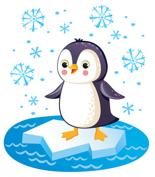 Little cute penguin on the ice with snowflakes