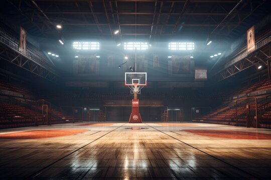 Empty basketball court with lights and wood floor. 3D Rendering, AI Generated