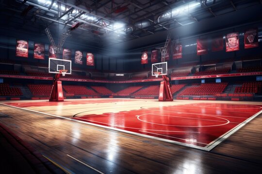 Interior of a basketball court with red seats and lights. 3d rendering, AI Generated
