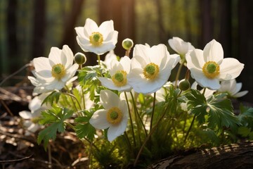 White wood anemone Anemone nemorosa flowers in spring forest, AI Generated