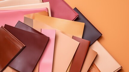 A pink wall is where the leather tissues that are brown and orange are being tailored in a catalog.