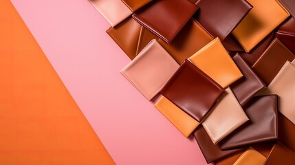 A pink wall is where the leather tissues that are brown and orange are being tailored in a catalog. - obrazy, fototapety, plakaty
