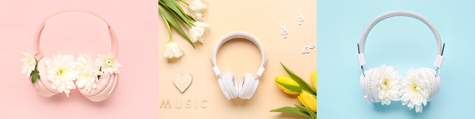 Collage of headphones with beautiful flowers on color background, top view