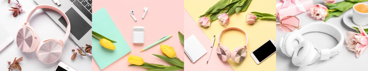 Collage of headphones with modern devices, office stationery and flowers on color background