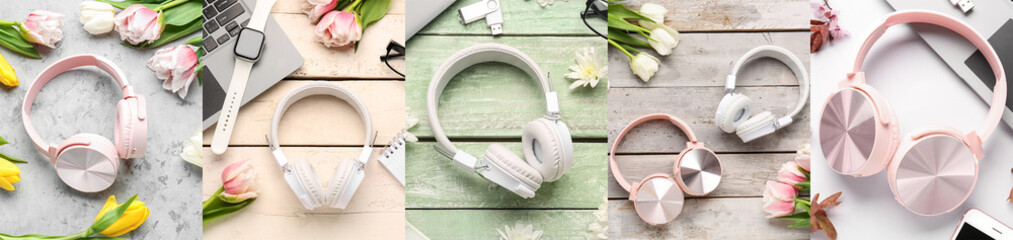 Collage of headphones with modern devices and flowers on color background