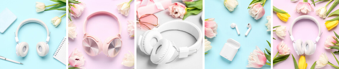 Collage of headphones with office stationery and flowers on color background, top view - obrazy, fototapety, plakaty