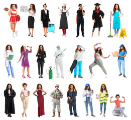 Collage of young African-American woman from different professions on white background