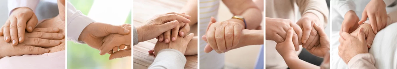 Photo sur Plexiglas Vielles portes Set of hands of elderly people and caregivers, closeup