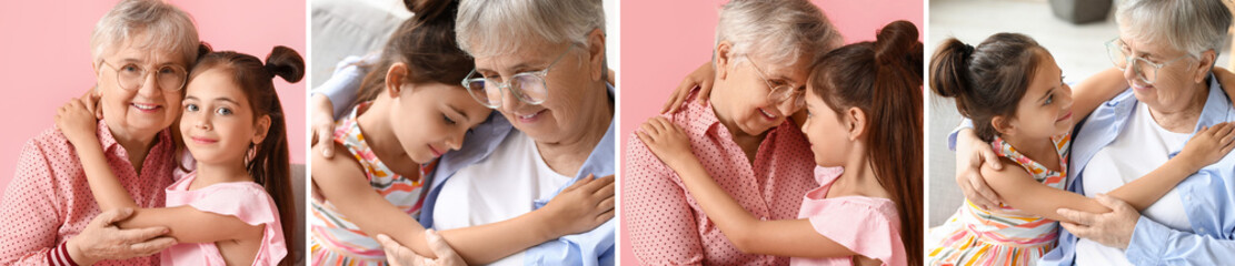 Collage of hugging senior woman with her little granddaughter - obrazy, fototapety, plakaty