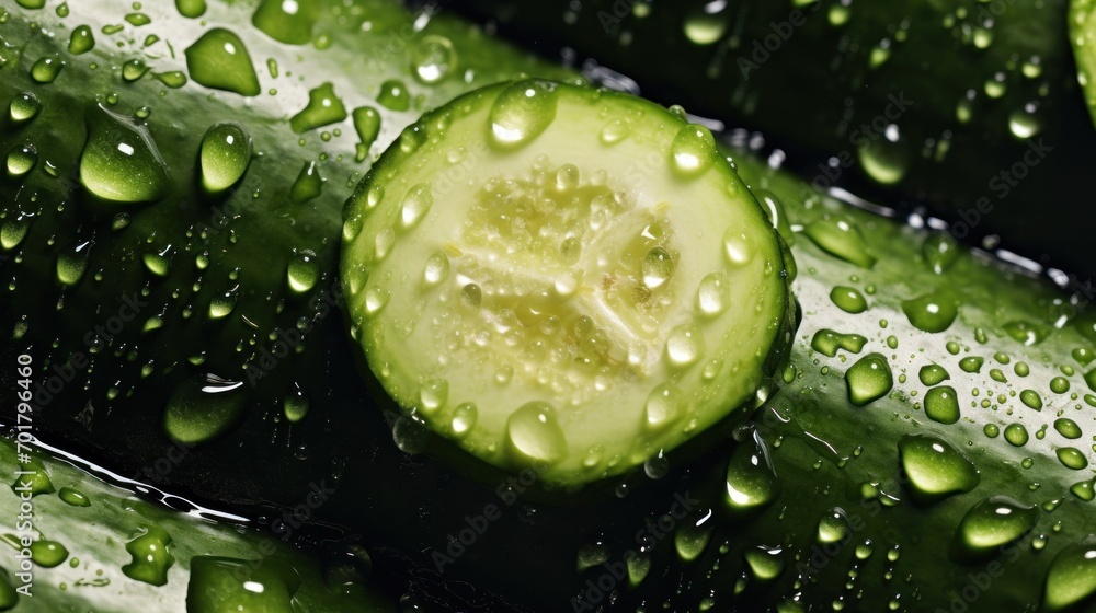 Poster a cucumber with water droplets on it and a slice of cucumber with water droplets on it.