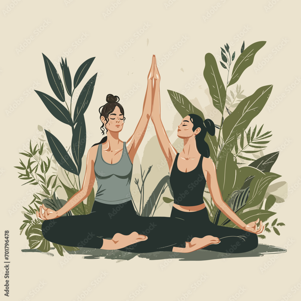 Wall mural Two young women doing yoga together. Vector illustration