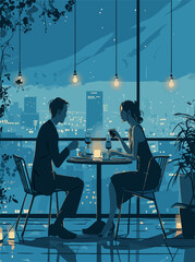 Young couple drinking wine at a romantic table. Valentine's Day concept, vector illustration - obrazy, fototapety, plakaty