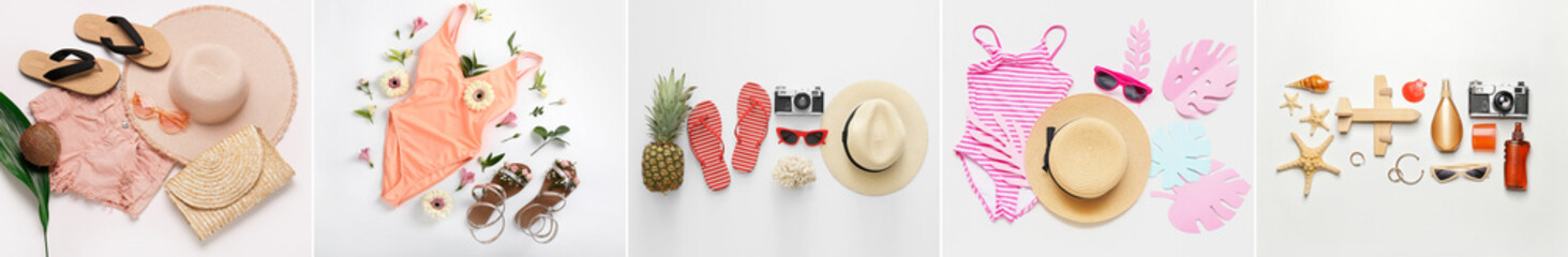 Collage of beach accessories with travelling supplies on light background