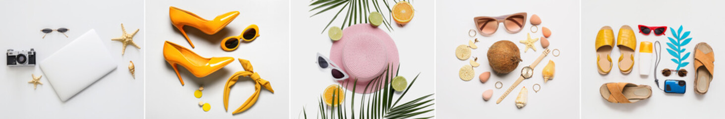 Set of beach accessories with travelling supplies, laptop and tropical fruits on light background