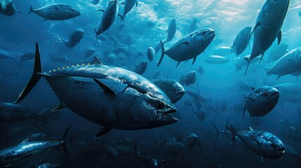 Fototapeta premium Massive of group of tuna in the deep water of sea
