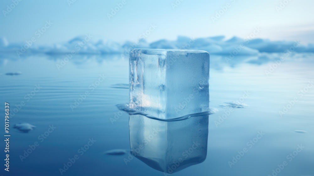 Poster an ice block floating on top of a body of water with ice floese floating on top of it.