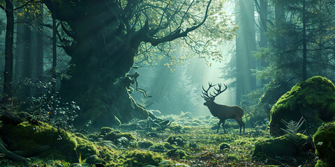 Enchanted forest scene with green, magical creatures. - obrazy, fototapety, plakaty