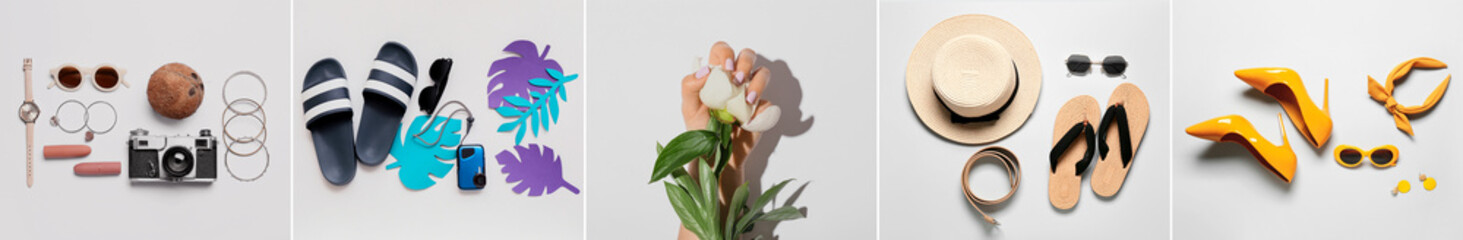 Collage of beach accessories with travelling supplies and flower on light background