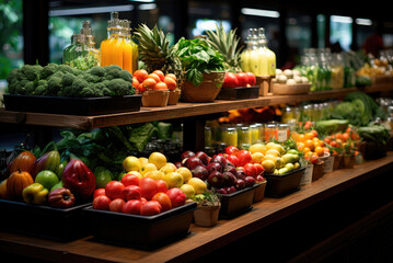 Big choice of fresh fruits and vegetables on market counter