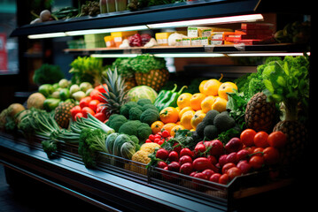 Big choice of fresh fruits and vegetables on market counter