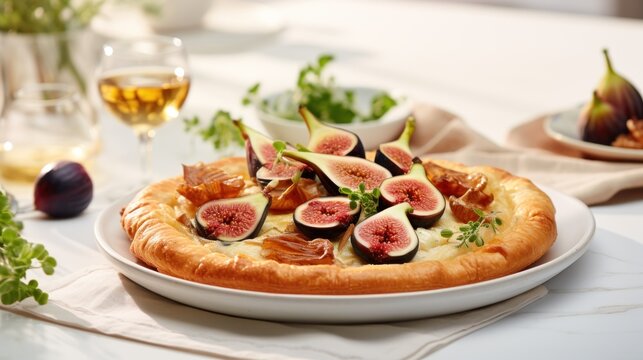  a table topped with a white plate filled with a pizza covered in figs next to a glass of wine.