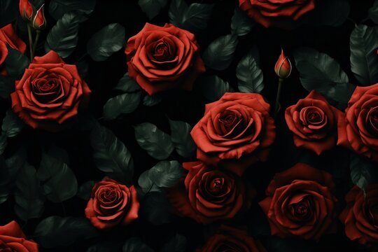 Fototapeta Red and black roses with dark floral print pattern for wallpaper