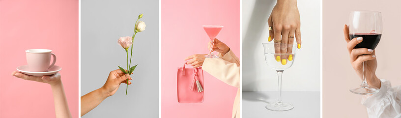 Collage of female hands with elegant manicure, gasses of wine, water, cocktail, flowers, handbag and cup on light and pink backgrounds