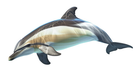 A striped dolphin swimming in the water with light reflections on the wet skin, isolated on a transparent background