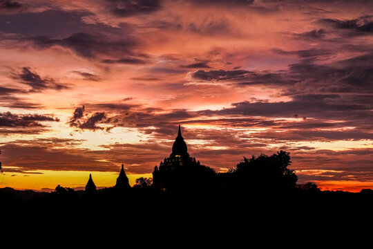 Sunset Pagoda landscape in the plain of Bagan, Myanmar (Burma)