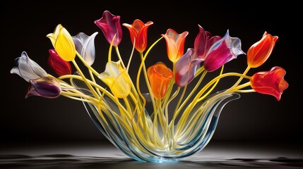  a glass vase filled with multicolored tulips on a black background with a reflection of the vase on the floor.
