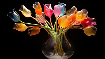  a glass vase filled with colorful tulips on a black background with a reflection of the tulips in the water.