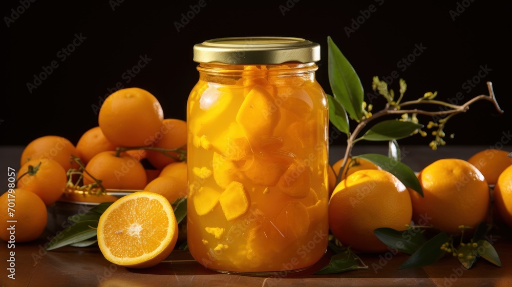 Poster a jar filled with oranges sitting on top of a table next to a pile of oranges on top of a table.