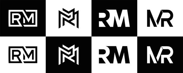  RM logo. R M design. White RM letter. RM, R M letter logo design. R M letter logo design in FIVE, FOUR, THREE, style. letter logo set in one artboard. R M letter logo vector design.	
