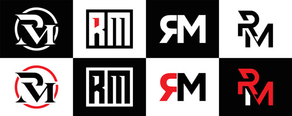  RM logo. R M design. White RM letter. RM, R M letter logo design. R M letter logo design in FIVE, FOUR, THREE, style. letter logo set in one artboard. R M letter logo vector design.	
