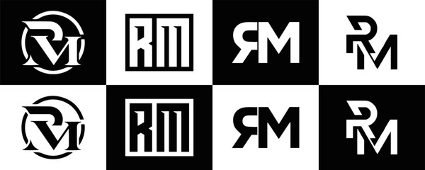  RM logo. R M design. White RM letter. RM, R M letter logo design. R M letter logo design in FIVE, FOUR, THREE, style. letter logo set in one artboard. R M letter logo vector design.	
