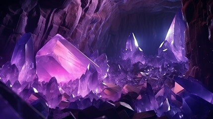 A fantasy amethyst minerals cave with an abstract background of gems and crystals is portrayed in 3d. - obrazy, fototapety, plakaty