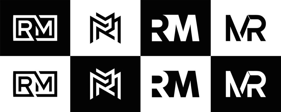  RM logo. R M design. White RM letter. RM, R M letter logo design. R M letter logo design in FIVE, FOUR, THREE, style. letter logo set in one artboard. R M letter logo vector design.	
