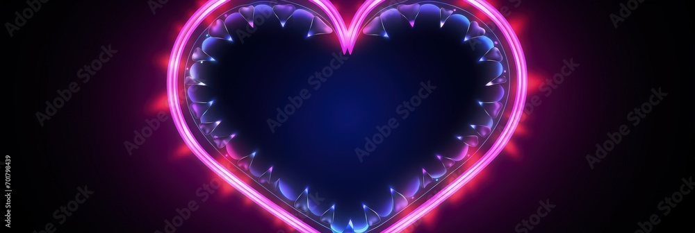 Poster neon frame in heart form with shining effects and sparkles on dark background. empty glowing techno 