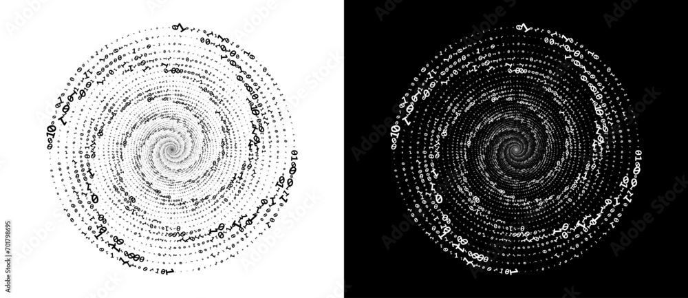 Poster abstract numbers one and zero in a spiral. big data or chaos concept, logo icon or tattoo. black sha