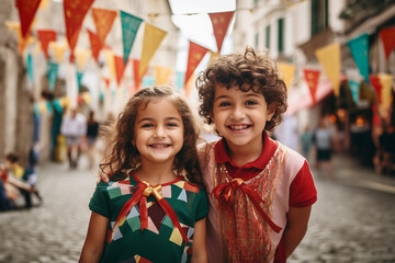 Two kids on Portuguese carnival against festival flags garland on the street - obrazy, fototapety, plakaty