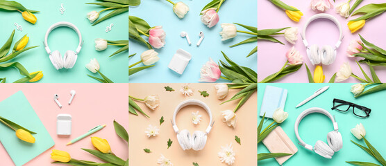Collage of headphones with office stationery and flowers on color background, top view