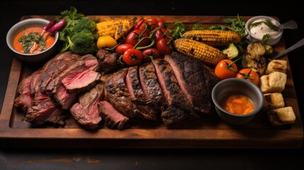  a wooden cutting board topped with steak, corn, tomatoes, corn on the cob, potatoes, and corn on the cob.