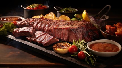 a large piece of meat sitting on top of a wooden cutting board next to a bowl of fruit and vegetables.
