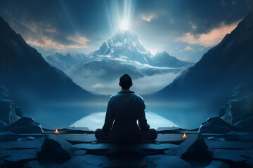 Meditation by Mountain Lake under Starry Sky, tranquil scene of a person in meditation by a serene mountain lake, under a night sky pierced by a beam of light - obrazy, fototapety, plakaty