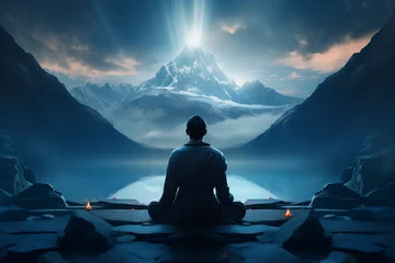 Poster Meditation by Mountain Lake under Starry Sky, tranquil scene of a person in meditation by a serene mountain lake, under a night sky pierced by a beam of light © Anastasiia