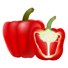 Red bell pepper whole and half, isolated on white background, sweet paprika, vegetable, healthy food, spice. Realistic 3D vector illustration.